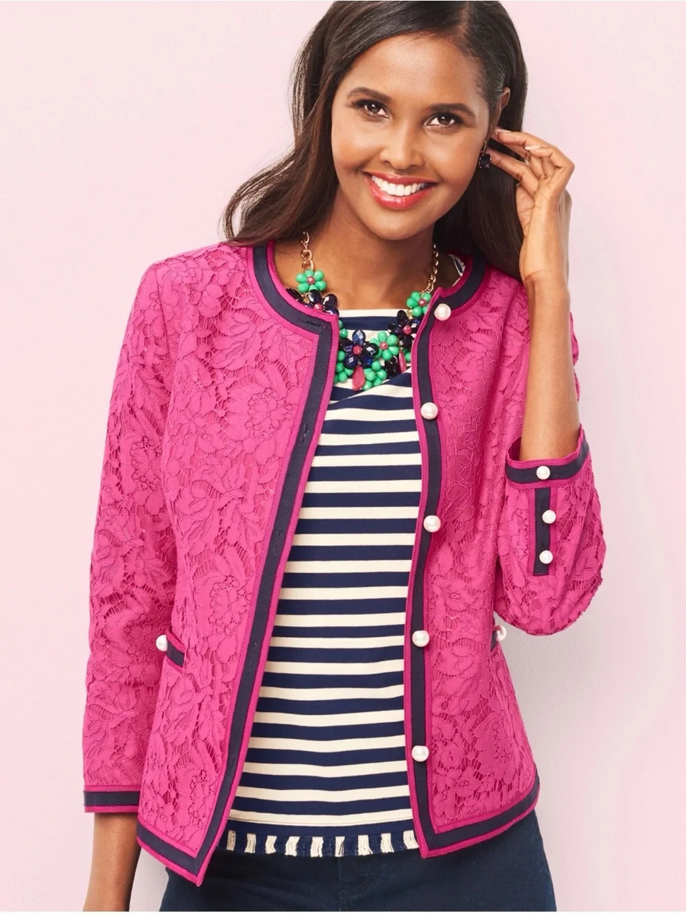 Talbots Flower-Filled Corded Lace Jacket size 16 Magenta Pink Pearl Buttons